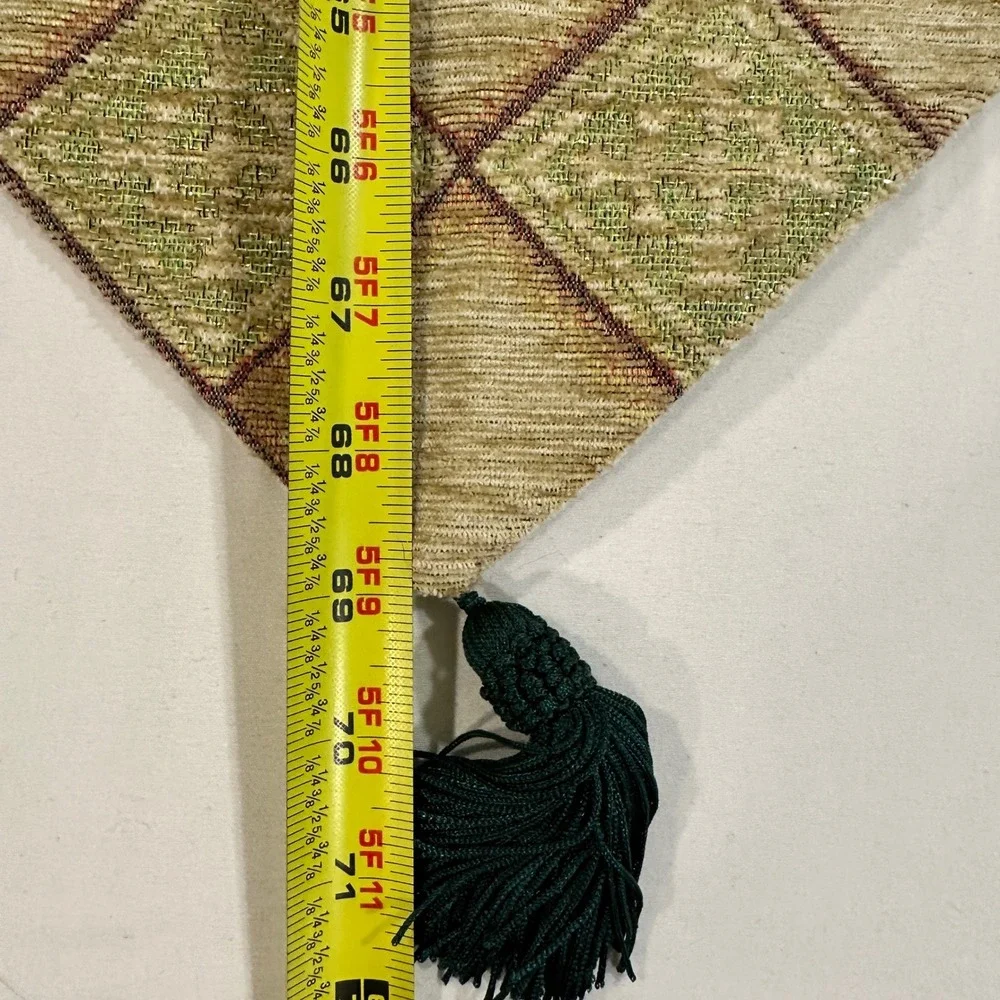 Vintage Christmas Tree Tapestry Table Runner Tassels Green Gold 70 x 12 Holiday